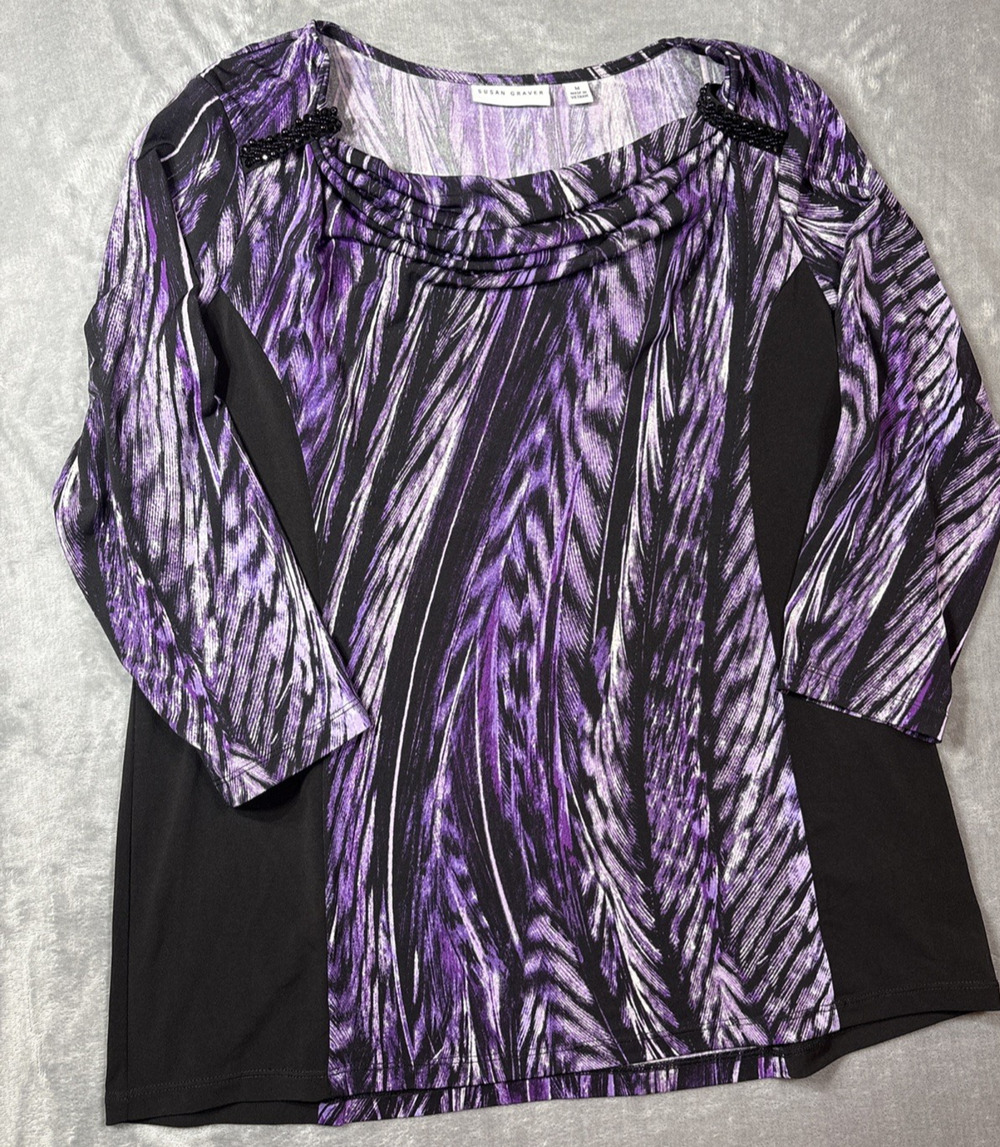 Susan Graver Liquid Artisan Womens Top Purple Abstract Embellished 3/4 Sleeve M